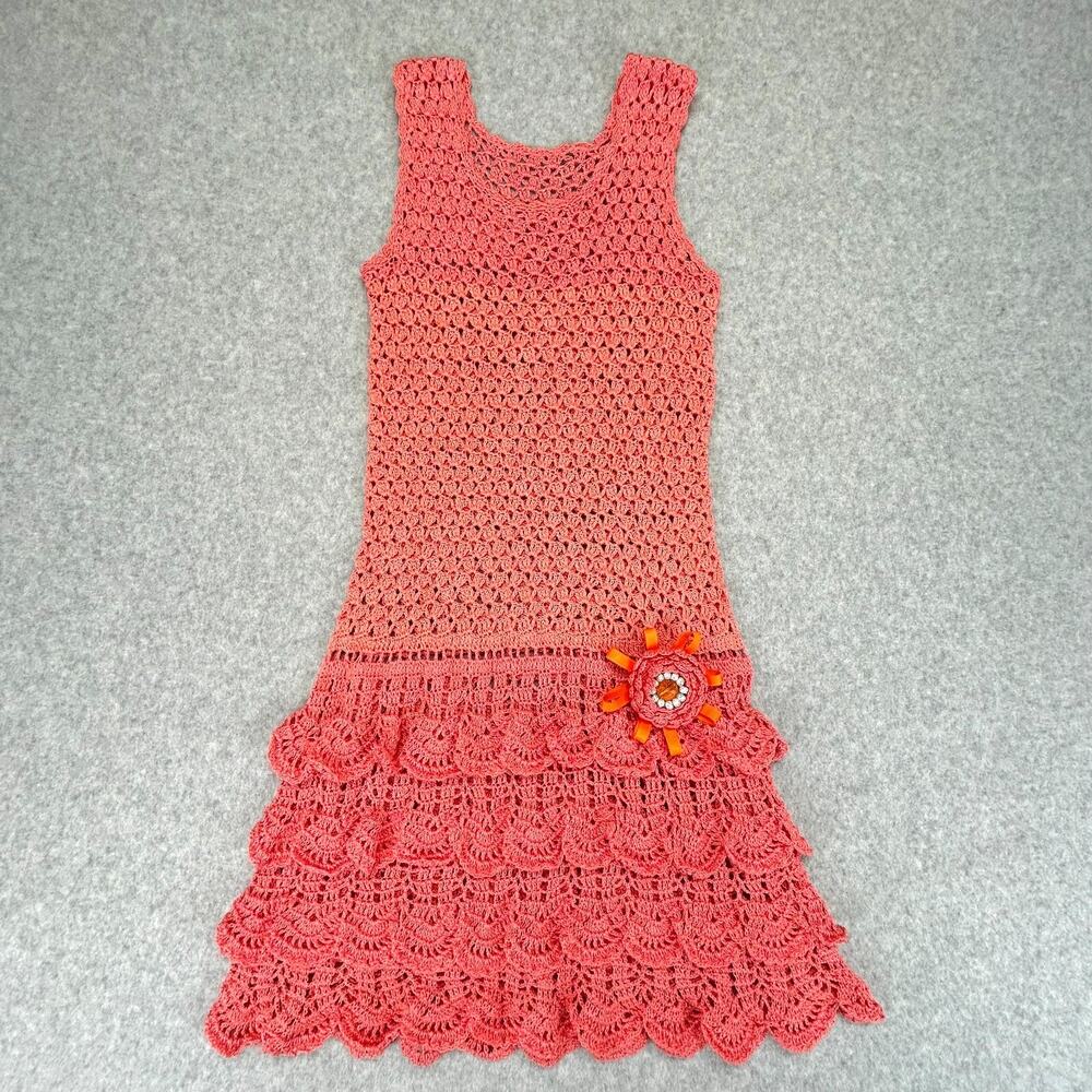 Handmade Crochet Ruffle Dress Girls 24" chest 30" length Pink Coral Sleeveless